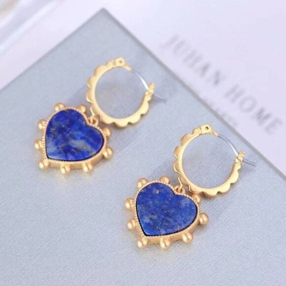 NWOT Tory Burch Gold Drop Blue Lapis Heart Earrings - Picture 3 of 7